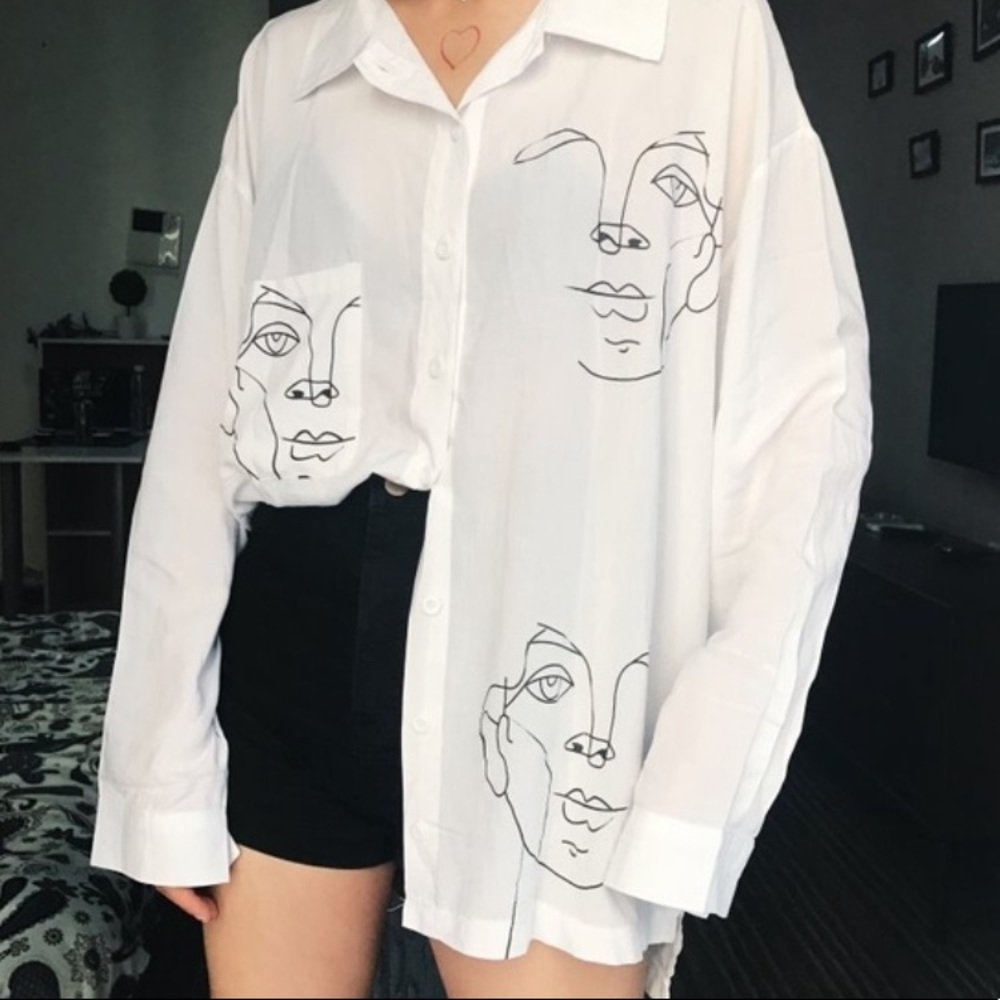 White line face prints retro long sleeve shirt